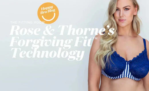 Blonde woman in blue bra with text overlay "Rose & Thorne's Forgiving Fit Technology"