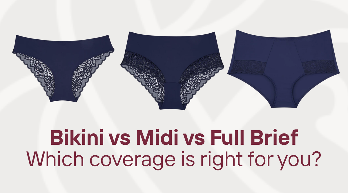 Three styles of knickers side-by-side with title "Bikini Vs Midi vs Full Brief, Which coverage is right for you?"