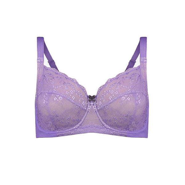 Purple flower-embroidered supportive plunging underwire full cup bra, LAUREN
