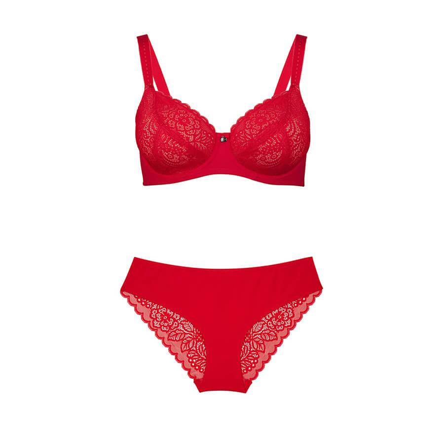 Lily Lace Full Cup Bra & Bikini Brief Set - Ruby Red
