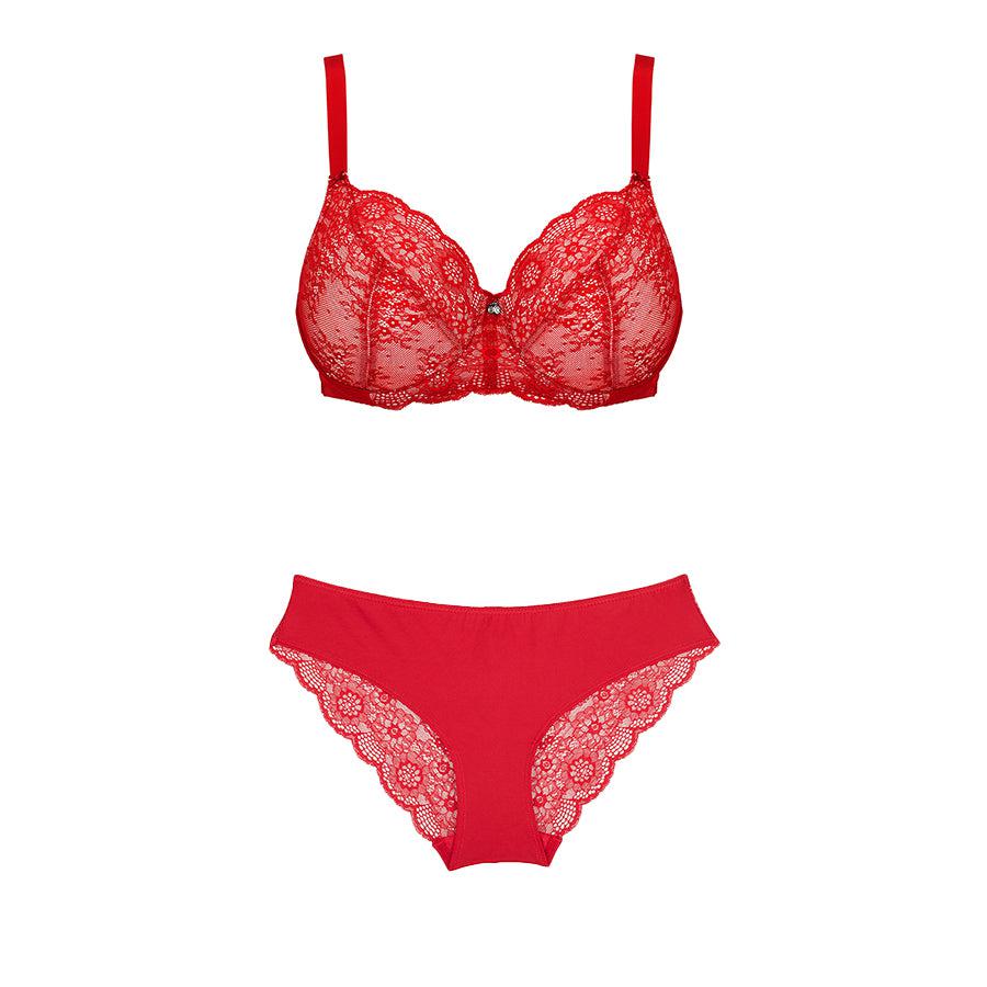 Peony Lace Full Cup Bra & Bikini Brief Set - Savvy Red