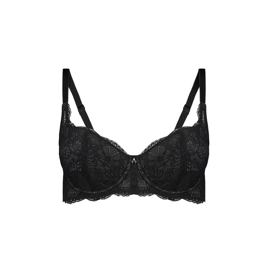 Model wearing Underwire Baroque Lace Bra - Lite Support - Black Back