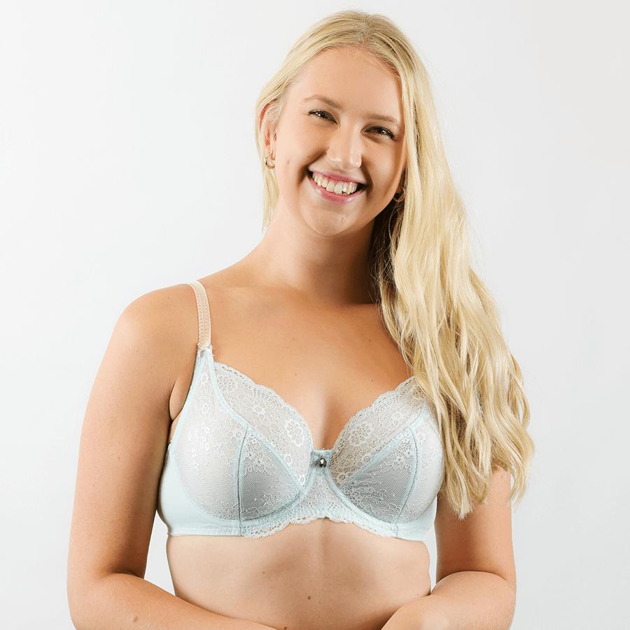 Model wearing Full Lace Cup Peony Bra - Lite Support - Glacier Back