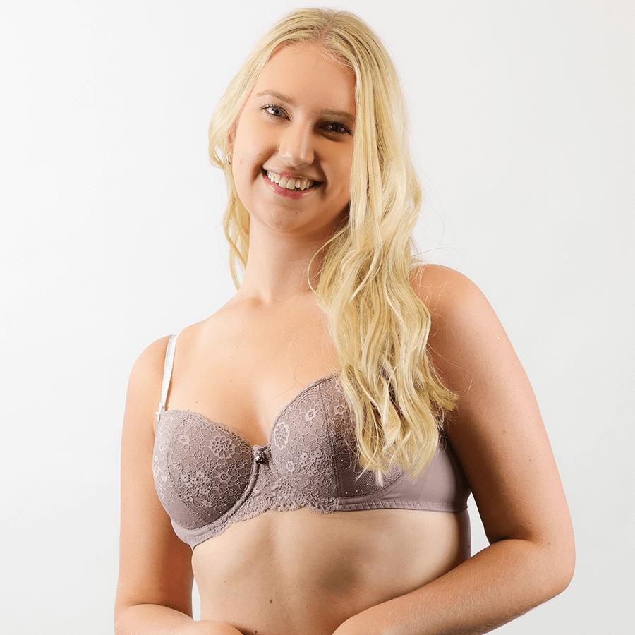 Model wearing Full Lace Cup Peony Bra - Lite Support - Starlight Front Full Set