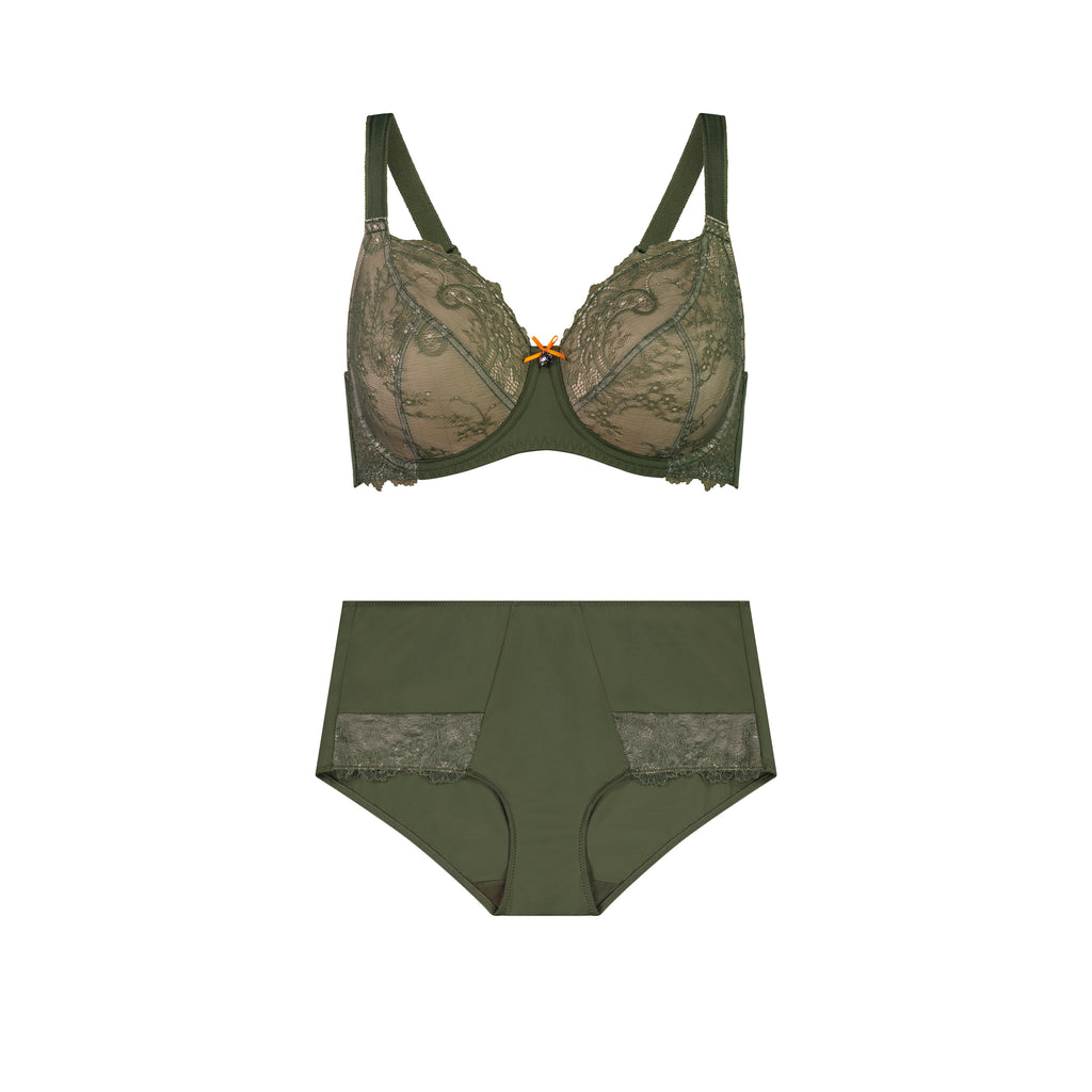 Nightingale Lace Full Cup Bra & Midi Short Set - Licorice Green
