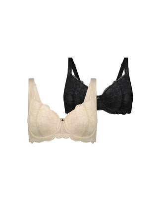 Baroque Lace Padded Full Cup Bras (2 Pack) - Black Charcoal and nude Cafe Latte